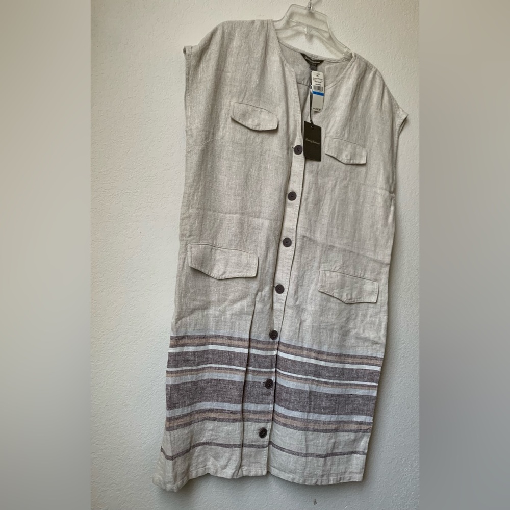Tommy Bahama Women’s 100% Linen Sleeveless Malene Stripe Button Front/Belt Dress